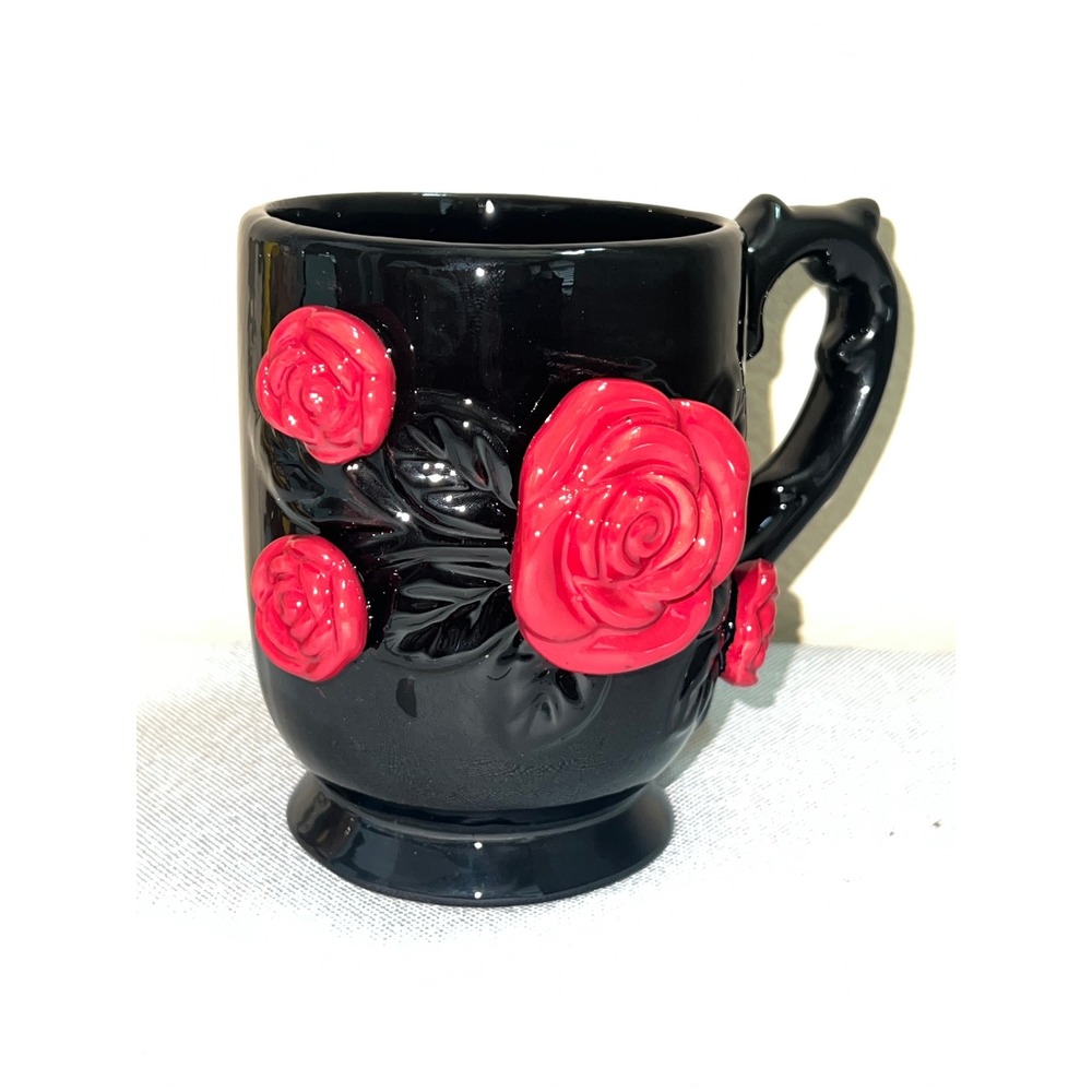 Midnight Spell Black Ceramic Mug 3D Red Roses Gothic Cross Coffee Cup